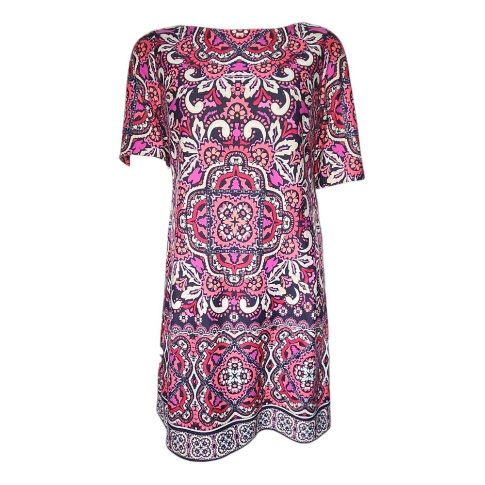 Eliza J Dress Womens Size 12 P Petite Pink Red Geometric Zip Back Short‎ Sleeve